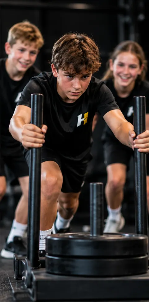 Boy pushing a weighted sled with teammates behind him