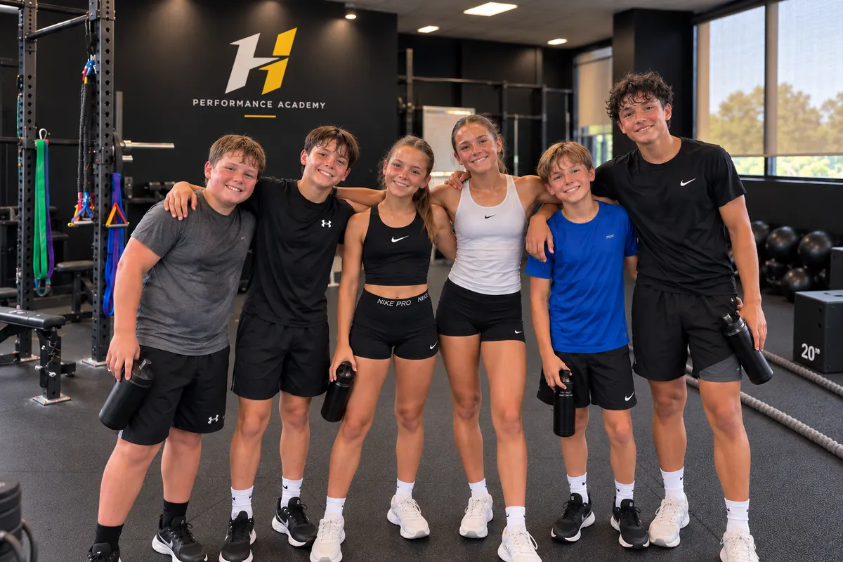 Smiling group of young athletes after a session at The Huddle Performance Academy